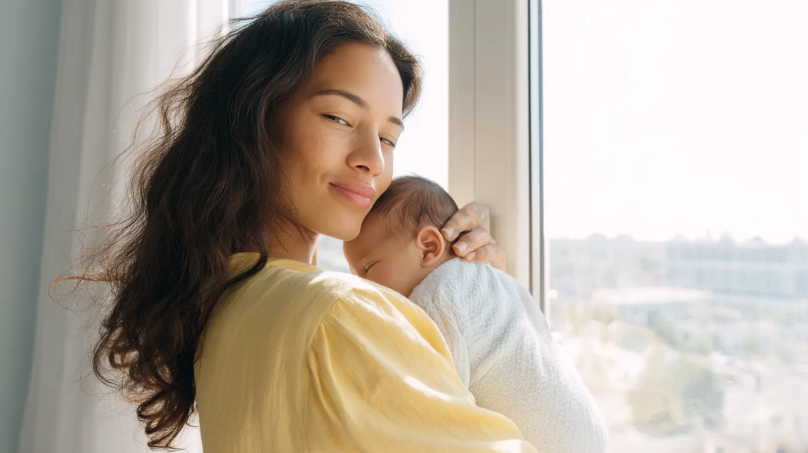 Mamá con su bebé cerca de la ventana