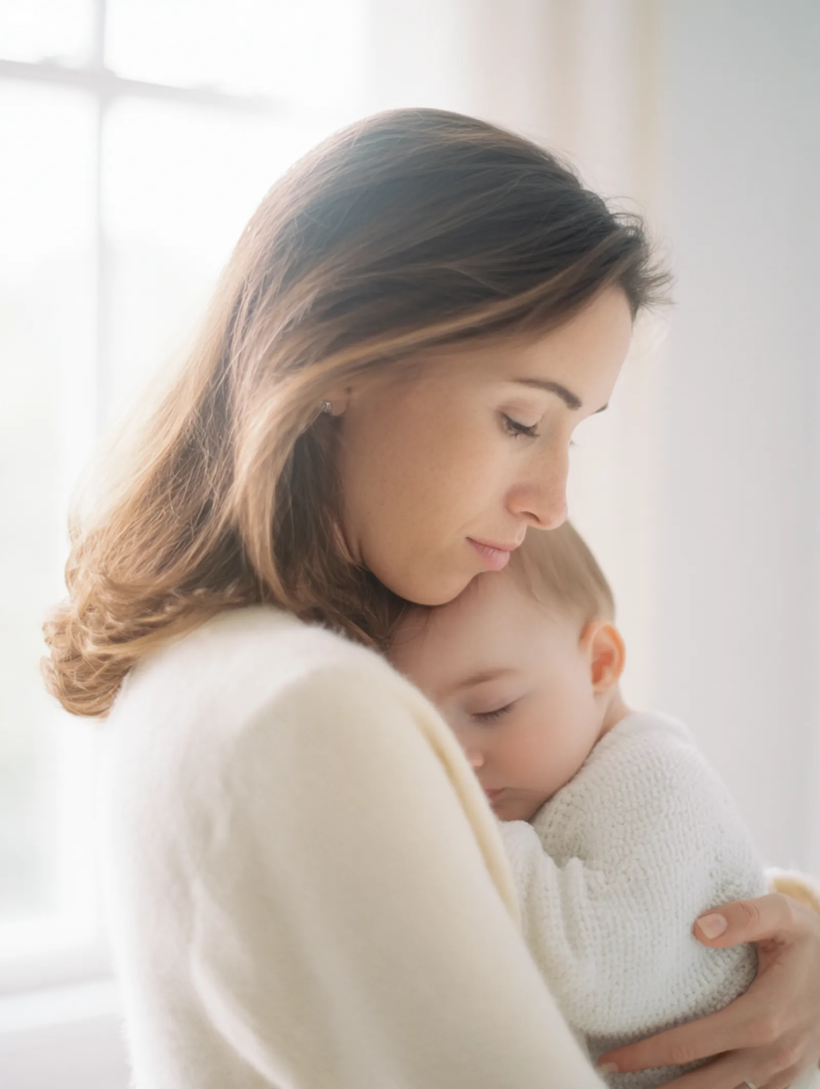Mamá abrazando a su bebé, mejilla con mejilla